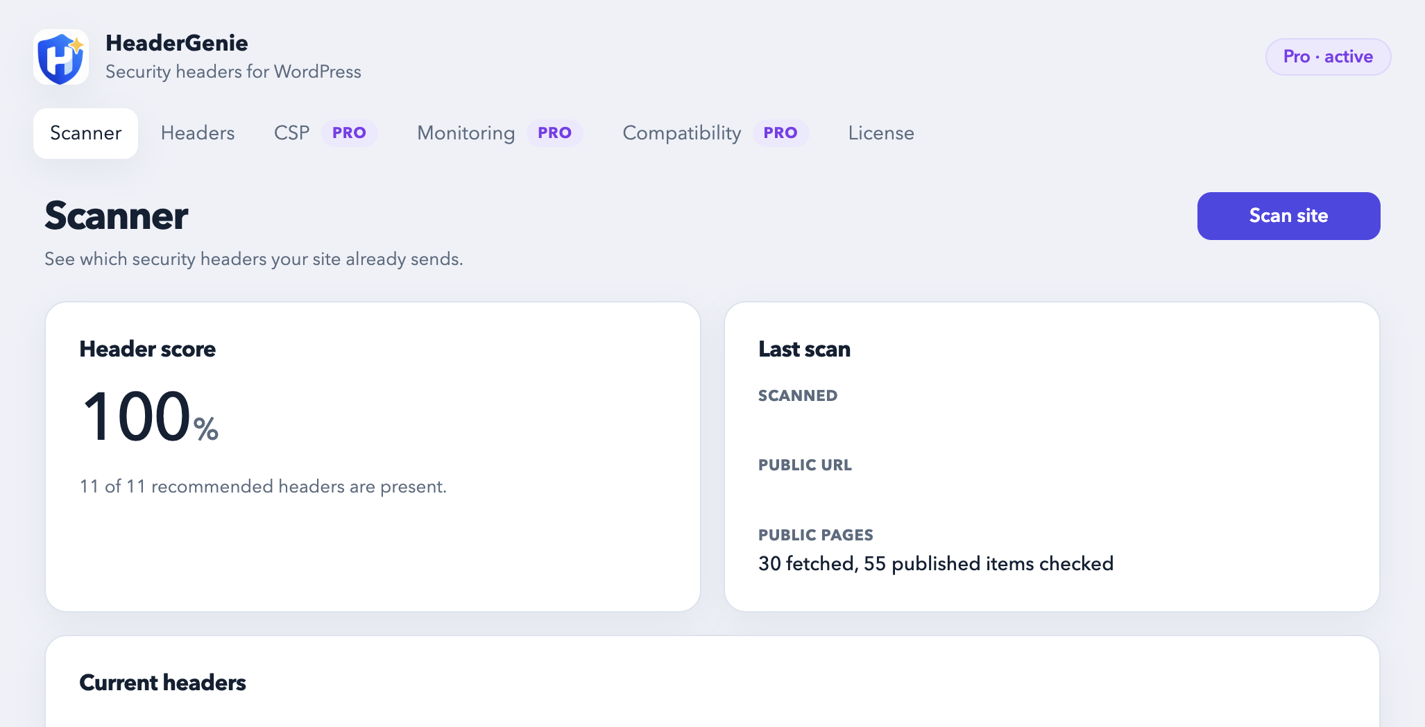 WordPress admin with HeaderGenie in the sidebar
