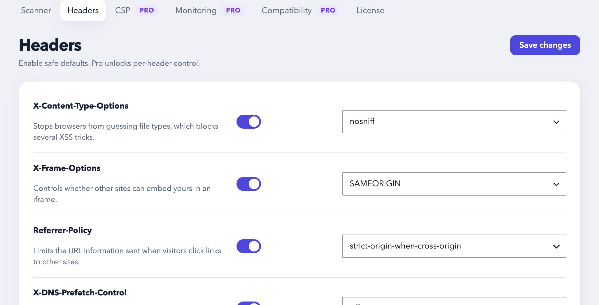 HeaderGenie Headers tab with safe defaults enabled