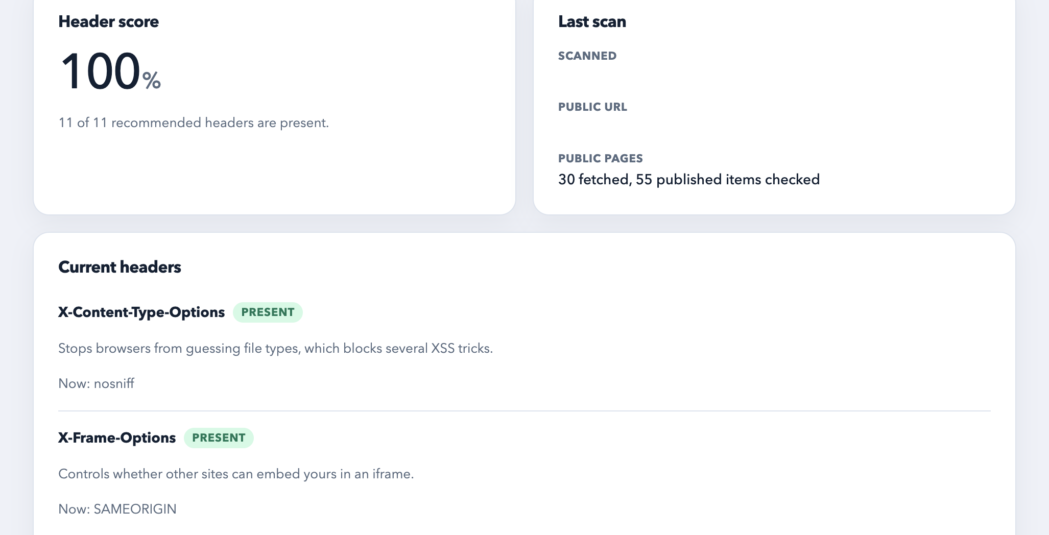 HeaderGenie Scanner listing present security headers