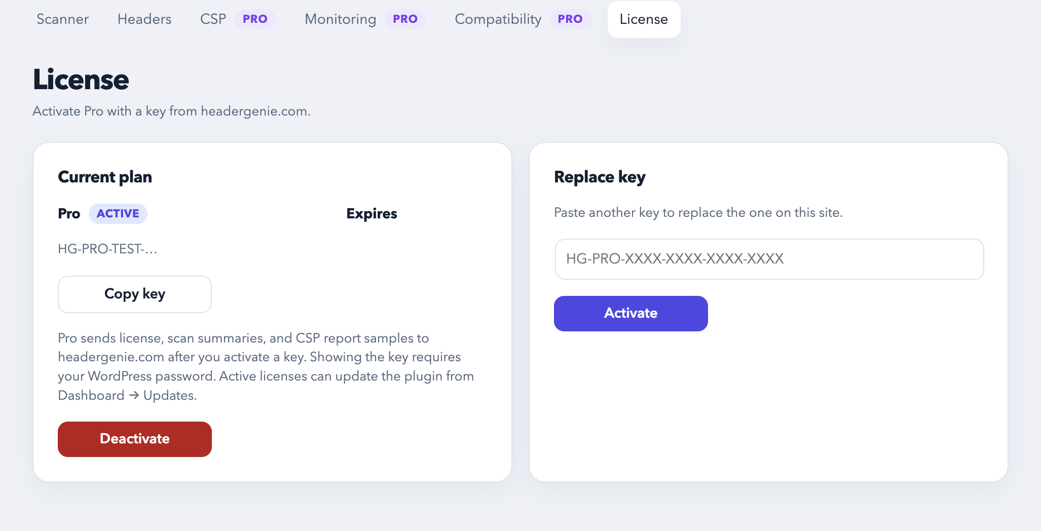 HeaderGenie License tab with a Pro key activated