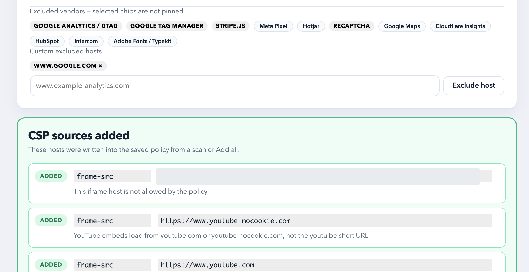 HeaderGenie CSP builder with hosts added from scans