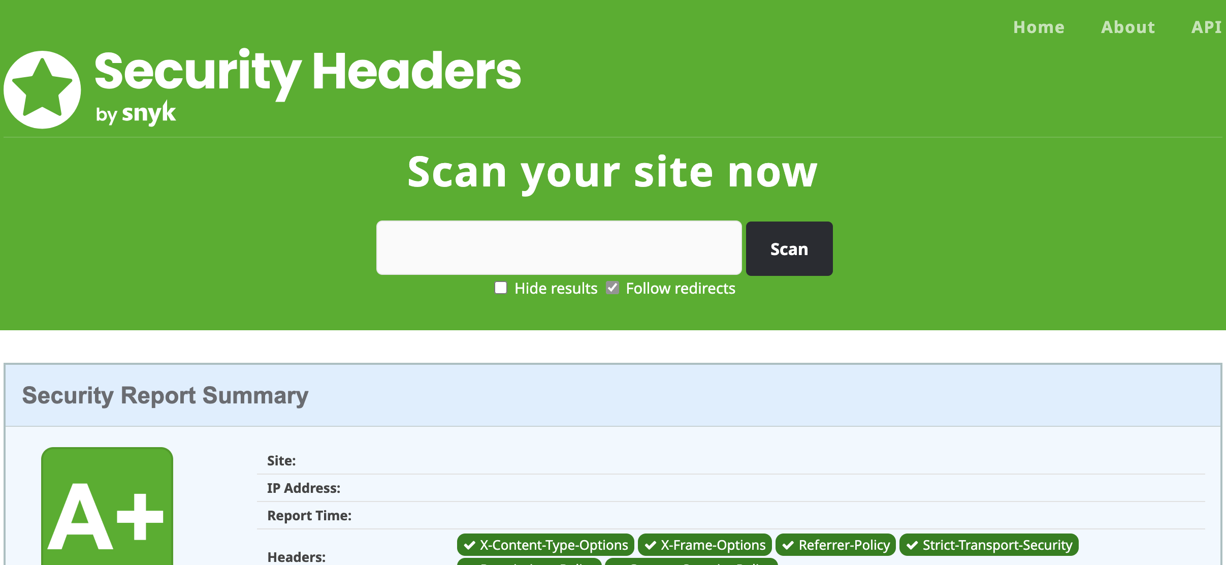 SecurityHeaders.com A+ result for the WordPress site